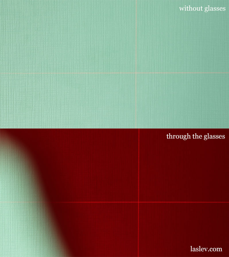 Visibility of the laser line with and without special laser glasses.