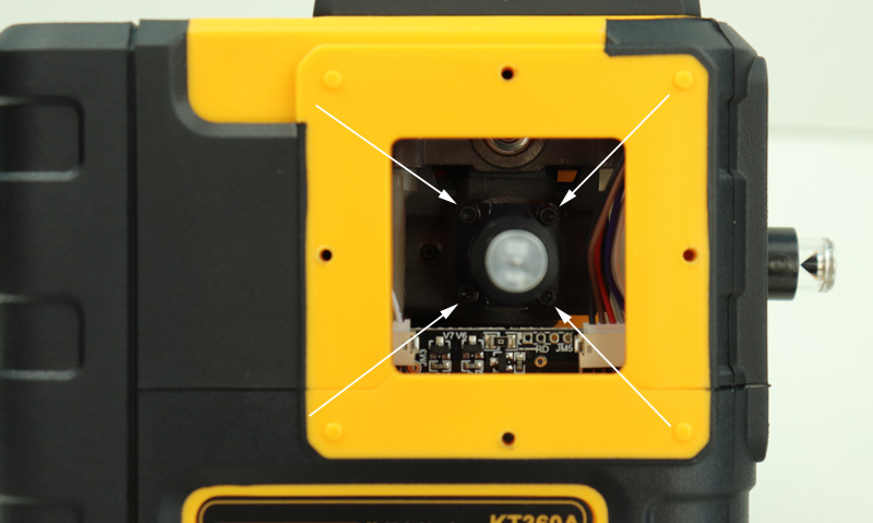 Four adjustment screws for separate adjustment of the laser module position on the Kaiweets KT360A laser level.