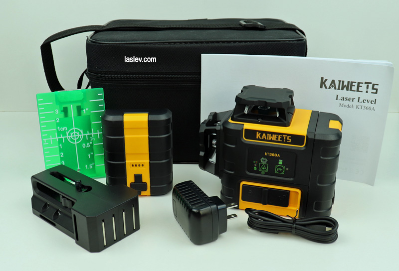 The Kaiweets KT360A laser level comes complete.