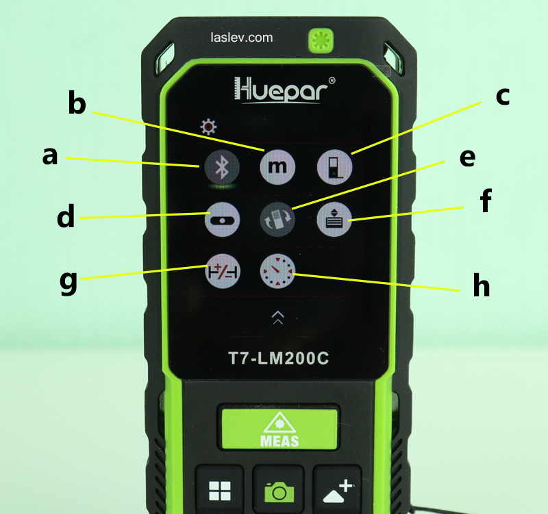 Menu screen for hardware settings and additional functions on the Huepar T7-LM200C laser distance meter.