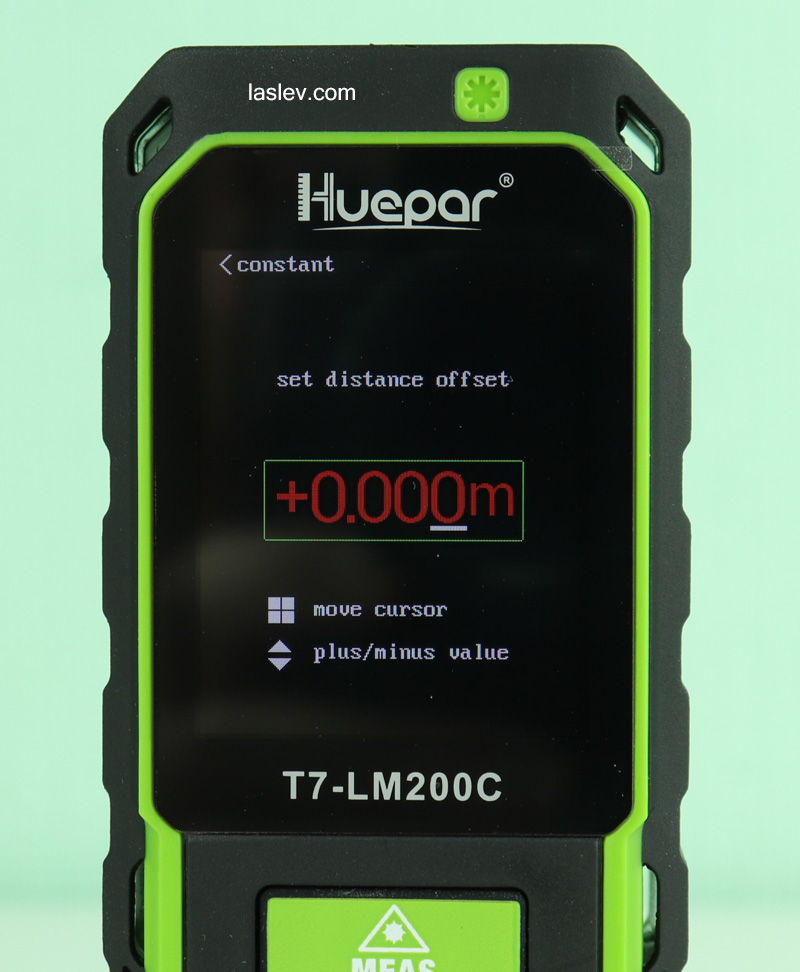 Accuracy calibration menu for the Huepar T7-LM200C laser distance meter.