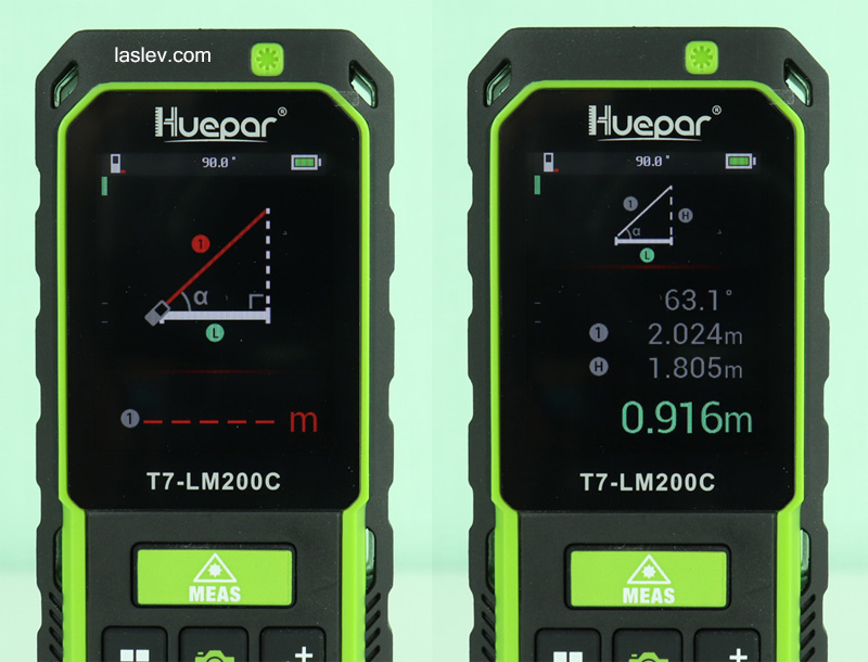 The distance calculation function of the Huepar T7-LM200C laser distance meter.