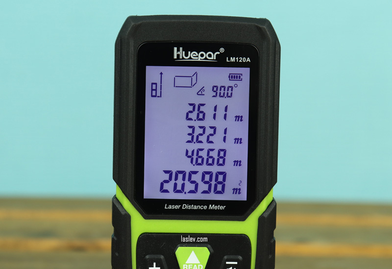 On the screen of the Huepar LM120A laser distance meter calculation by painter's function