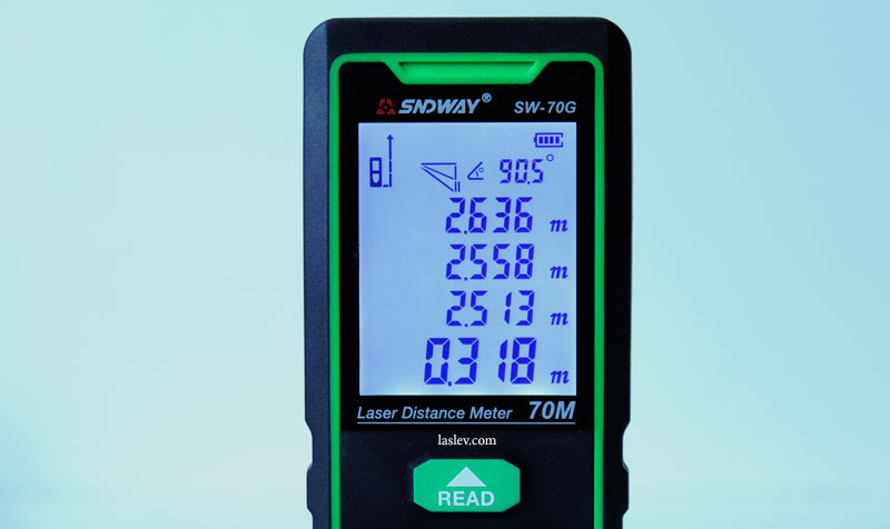 The screen of the SNDWAY SW-70G laser distance meter shows the calculation of the inaccessible distance.
