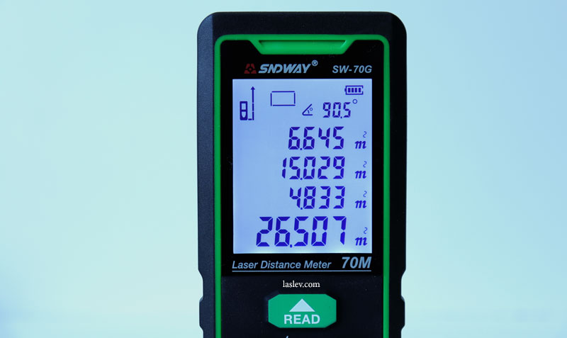 The screen of the SNDWAY SW-70G laser distance meter shows the addition of areas to each other.