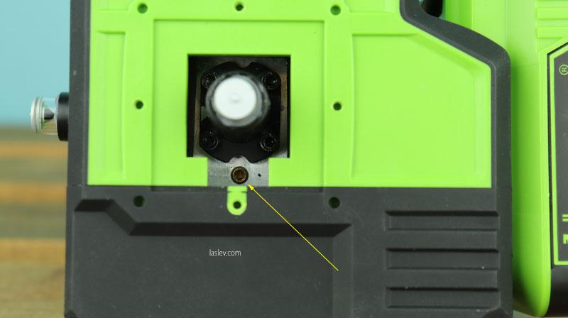 Left and right laser plane tilt adjustment bolt on the Huepar P03CG.
