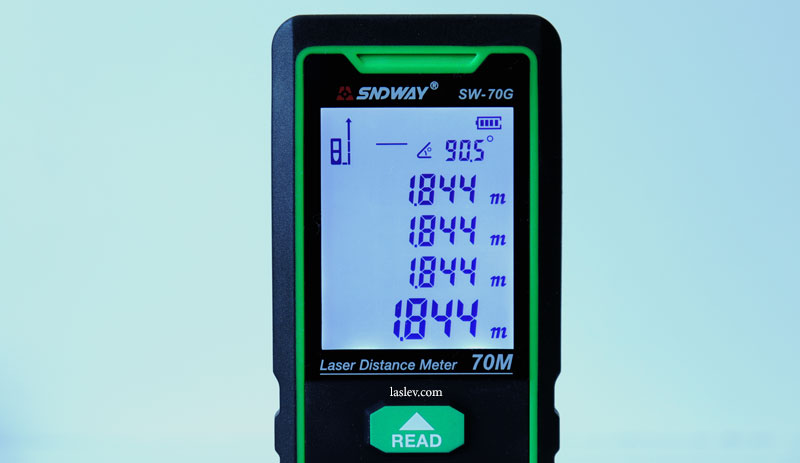 The SNDWAY SW-70G laser distance meter displays the results of the stability and accuracy test.