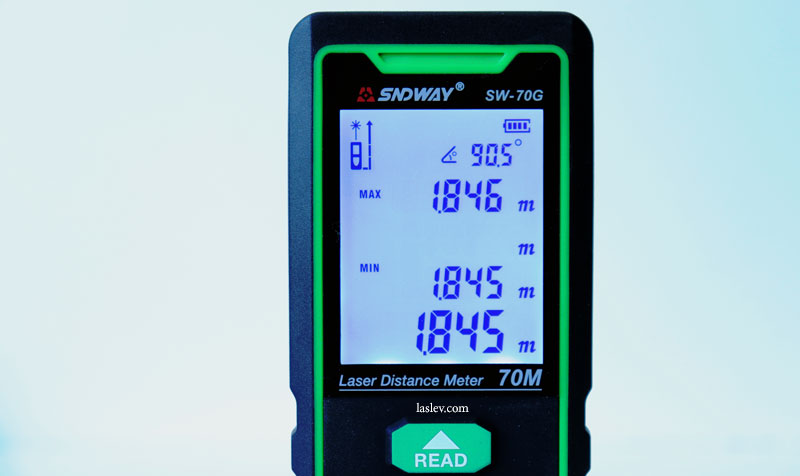 The screen of the SNDWAY SW-70G laser distance meter shows the calculation of the minimum/maximum function.
