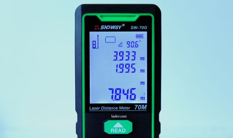 The screen of the SNDWAY SW-70G laser rangefinder shows a quick calculation of the object area.